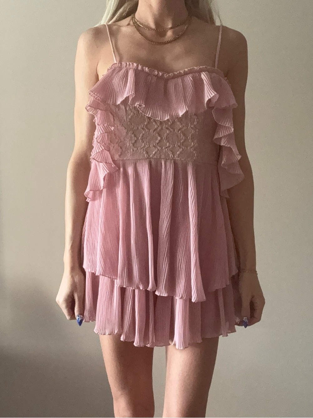 Pink Ruffle Tiered Romper - Lightweight Spaghetti Strap